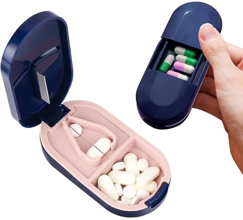 Coupe pilule, pilulier 2 en 1 pour petits comprimés avec distributeur - Pilulier portable pour petits ou grands comprimés avec lame en acier inoxydable, pilules, vitamines, comprimés (Bleu)