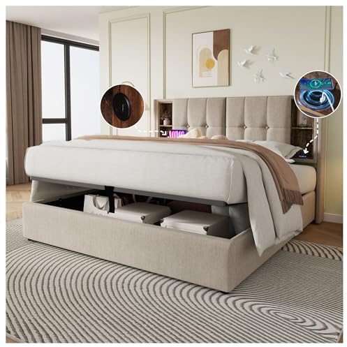 Wyibwy Camas matrimoniales, con Carga inalámbrica USB C, somier 160x200cm, somier con Espacio de Almacenamiento, Camas Infantiles, canape 160x200, algodón Gris (sin colchón)