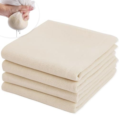 Quelcc 4 pièces Etamine Alimentaire, 50 x 50cm Tissu Ourlé Mousseline, Mousseline Alimentaire, Toile à Fromage Coton Respirable Tissu Filtrant pour Filtrer Vin, Jus, Fromage, Lait, Thé, Épices, Tofu