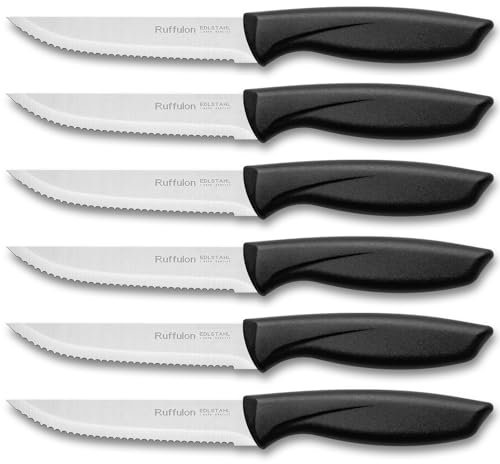 Ruffulon Coltelli a Punta per Bistecca e Carne,Set di 6 Coltelli da Bistecca In Acciaio Inox,Neri,Affilati e Seghettati,Set di Coltelli Da Cucina Professionali,Impugnatura Robusta