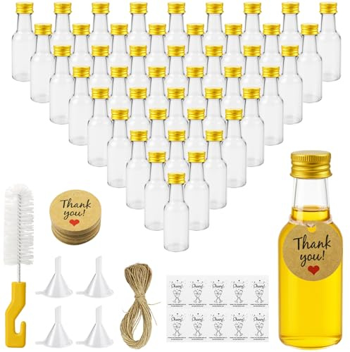 Nadisean 46 Piezas Mini Botellas de Licor 25ml, Botellas Pequeñas de Plástico Reutilizable, Mini botellas Alcohol Vacias con Tapa de Rosca, Etiqueta de Papel Kraft, Embudo, Cuerda, para Fiestas Bodas