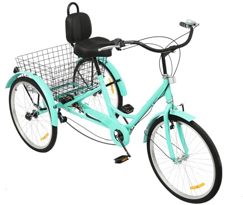 24 tums trehjuling för vuxna, 7-växlad trehjuling cykel med inköpskorg och ryggstöd, hopfällbar seniortrike, upp till 120 kg
