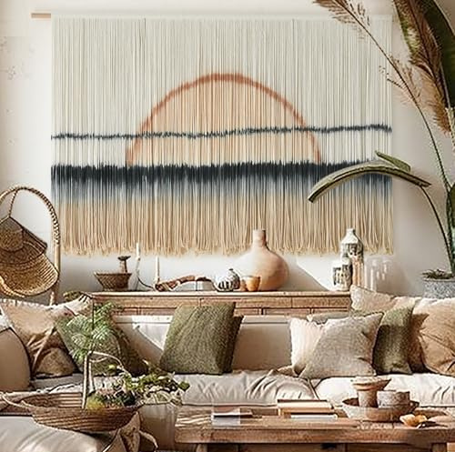 Jakalin Macrame Wall Hanging Large Sunset Dip Dye Boho Tapestry Handmade Woven Cotton Wall Art for Bedroom, Living Room, Above Bed Neutral Modern Minimalist Decor 57 Wx35 L