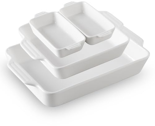 Sweejar Ceramic Bakeware Set of 4, Casserole Dishes for Oven, Rectangular Baking Dish with Handles, Lasagna Pans Deep for Cooking, Gratin, Roasting, Banquet and Daily Use (White)