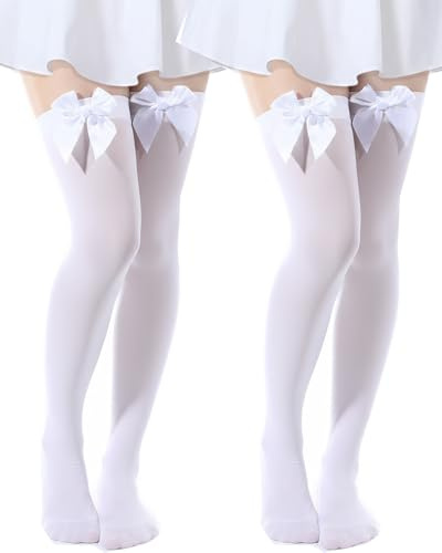 SATINIOR 2 Pair White Thigh High Socks with Bow Women