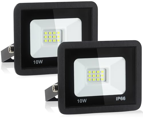 Fynokst 10W Faretto LED da Esterno, 1080LM Sovrilluminante Faro LED Esterno, 6000K Luce Bianca Fredda, IP66 Waterpoof Faretti per Giardino, Garage, Campo sportivo, 2 Pezzi