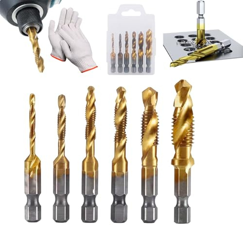 3 in 1 Spiral Tap Hex Shank Drill Bit Set, Metric Combination Threading Tools Kit,M3/M4/M5/M6/M8/M10 Drill Bits High Speed Steel, Professional Thread Tap Drills Bit Set (Short Gold)