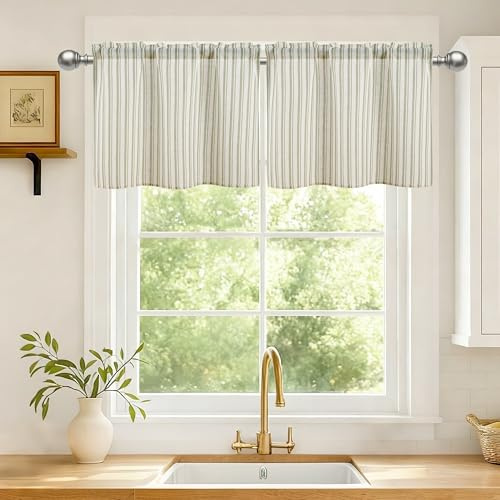 DWCN Randig, grönt linne, kort, fönstergardiner, kök, linneutseende, gardiner, H 45 x B 60 cm, set om 2, moderna gardiner, halvtransparenta fönstergardiner, lantlig stil för bistrogardin, husvagn