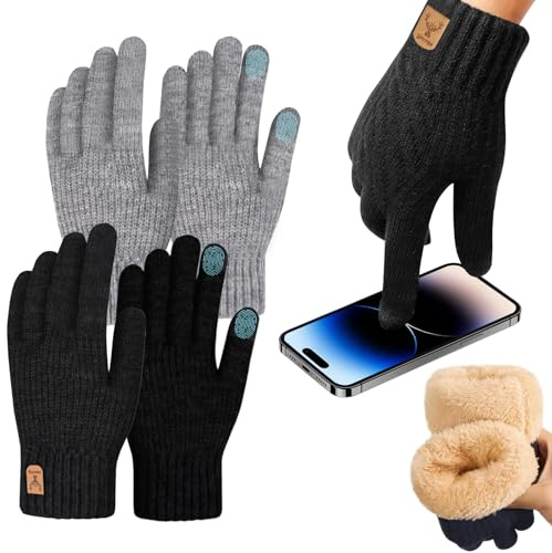 2 Pares Guantes Invierno Hombre termicos Mujer, Guantes de táctil, Guantes de Invierno Gruesos para Ciclismo Moto Bici Correr Aire Libre para Frio Antideslizantes Conducir Deporte Running