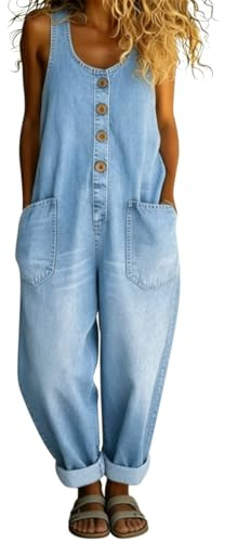 Onsoyours Salopette Femme Jean Coupe Ample Jambe Large avec Bretelles Réglables et Poches Combinaison Denim Décontractée Été