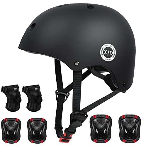 XJD Fahrradhelm Kinder Schoner Set(7er) Kinder Helm mit Knie- & Ellenbogen- & Handgelenkschützer Verstellbarer Schutz Jugend Skaterhelm für 3-13 Jahre Alt (Schwarz Set, S: 51-54 cm)