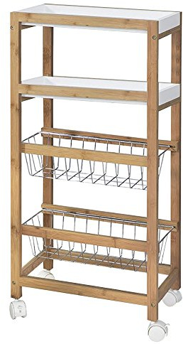 BAKAJI Carrello da Cucina Slim Salvaspazio in Legno di bambù con 2 Vassoi Estraibili 2 Ceste Portafrutta in Metallo e 4 Ruote Girevoli Carrello Casa Colore Bamboo Naturale