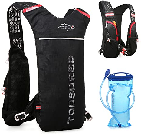 Lixada Trinkrucksack Hydratation Rucksack 5L Grosse Kapazität Leicht Reiten Rucksack zum Laufen Wandern Bergsteigen (Schwarz mit 2L Wasserblase)