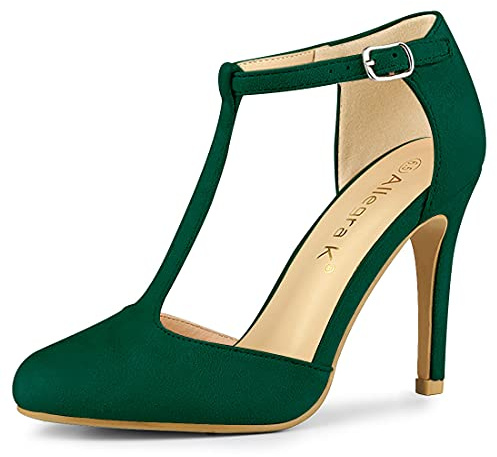 Allegra K Donna Punta Arrotondata Tacco a Spillo T-Strap Dress Pumps, Verde, 42 EU