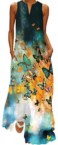 WINKEEY Vestido Maxi para Mujer Estampado Floral Padel Larga Elegante Mariposa Bohemio Vestido de Verano con Bolsillos Sin Mangas Talla Grande, Mariposa Azul Negra 5XL