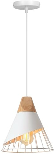 TOKIUS Suspension Luminaire Moderne Industrielle Bois Lustre Abat-jour Métal Vintage forme Cage Ø25cm Plafonnier E27 Design pour Cuisine Chambre Salon