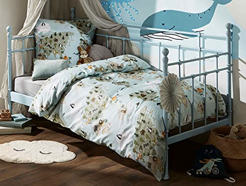 Bettwaesche-mit-Stil Mako Satin Kinder Bettwäsche Tiere & Weltkarte 100x135 + 40x60