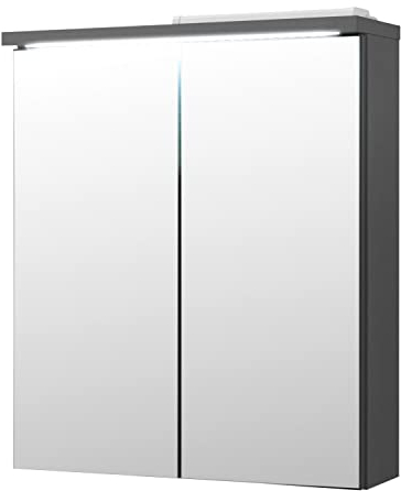 POOL Spiegelschrank Bad mit LED-Beleuchtung in Anthrazit - Moderner Badezimmerspiegel Schrank mit viel Stauraum - 60 x 68 x 20 cm (B/H/T)