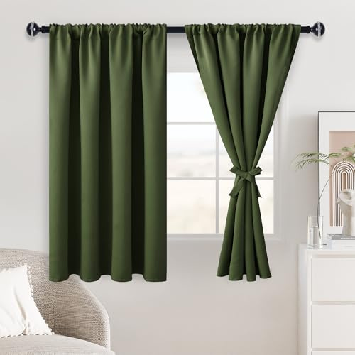 JIUZHEN Blackout Curtains for Bedroom– Thermal Insulated,Noise Reducing Room Darkening Privacy Rod Pocket Drapes for Living Room, Set of 2 Panels with Tiebacks, 42 x 54 inch Long, Olive Green