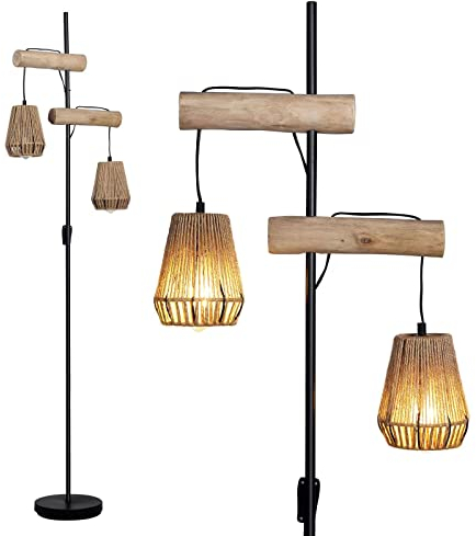 Osasy Lampada da terra in legno boho a 2 lampadine, in rattan, con interruttore on/off, lampada da terra rustica con ombrelli in rattan, lampade da terra alte per soggiorno, camera da letto, ufficio