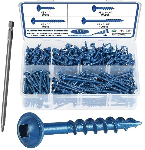 SATANTECH Pocket Hole Screws Assortment Kit, 390Pcs in 4 Sizes #8 x 1, 1-1/4, 2, 2-1/2, Coarse Thread Wood Screws with Square Drive, Blue Coated, Self Tapping, Drive Bit Included