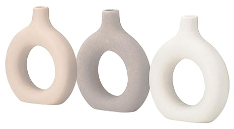 Set di 3 vasi a ciambella, altezza 12 cm, in ceramica, colore beige, decorazione da tavolo