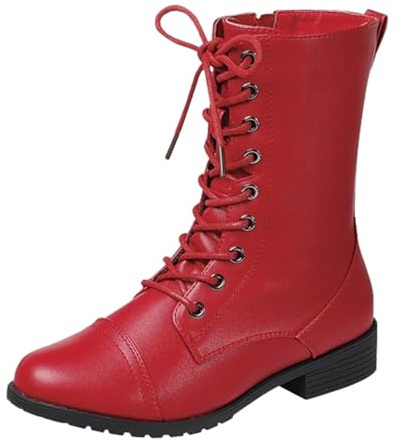 Forever Link Womens Round Toe Military Lace up Knit Ankle Cuff Low Heel Combat Boots, Jalen- 88 Red Pu 7.5