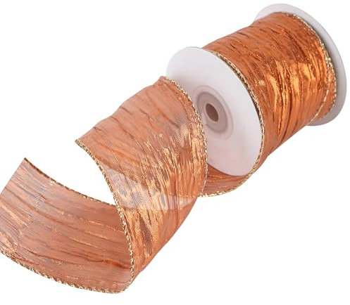 MEEDEE Copper Wired Metallic Neon Orange Trim Crinkle Wired Burnt Orange Ribbon for Gift Wrapping, Christmas Tree, Wreath Supplies, Large Bow Making (10 Yards)