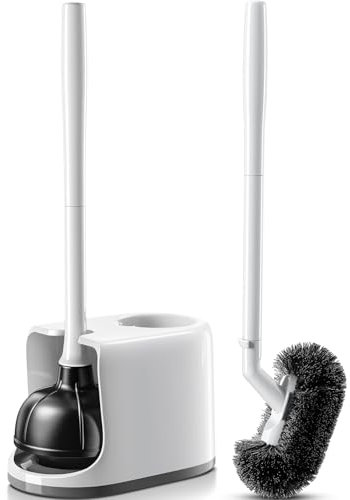 HAMITOR Toilet Plunger Bowl Brush Combo：Heavy Duty Rubber for Drain Clog Remover - Curved Design Bristles for Deep Cleaning Under Rim - Compact Bathroom Cleaning Tools for New Homet Essentials - White