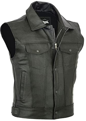 Herren Leder-Bikerweste – ärmellose Denim-Stil Kunstlederweste für Herren, klassische Western-Lederweste mit Knopfleiste, taktische Motorradweste mit Taschen, Outdoor-Reitweste für Herren, Schwarz ,