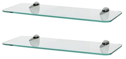 Harbour Housewares Rounded Floating Glass Bathroom Shelves - 40cm - Clear/Chrome - 2x Wall-Mounted Kitchen Bedroom Shower Room Décor Caddy Towel Storage Organiser Shelving Rack with Brackets