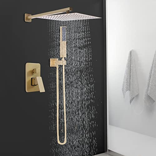 Ensemble de pommeau de douche encastré, 12 pouces - Or brossé - Douche à effet de pluie - Ensemble de robinet de douche - Douche de luxe en laiton à 2 fonctions pour salle de bain - Mitigeur de douche