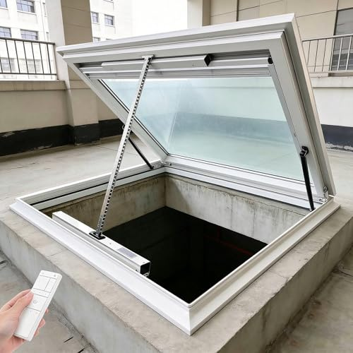 NEHCFO Ventana de Techo Eléctrica con Mando a Distancia y Sensor de Lluvia, Claraboya Inteligente de Vidrio Templado Doble, Ventana de Tejado para Ático, Sótano e Invernadero(White,LxW 60 x 50 cm)