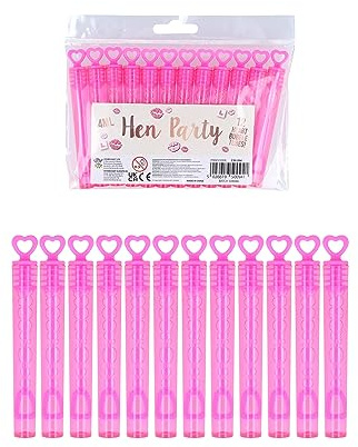 Henbrandt Pack of 12 Hen Night Bubble Wands with Pink Heart Toppers 4ml Bubble Tubes Hen Party Accessories Pink Party Bag Fillers Wedding Favours Team Bride Bubbles for Bridal Shower and Hen Do Favour