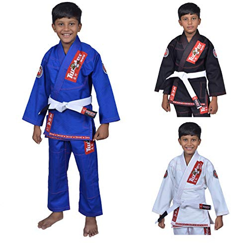 TWISTER FIGHT WEAR Kids BJJ Gi for Boys & Girls β Lightweight Brazilian Jiu Jitsu Uniform w/Free White Belt | Preshrunk Pearl Weave Youth Kimono (Blue, C2)