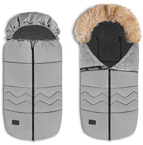 Lionelo Frode Babyfußsack, für Schlitten, Autositz, Kinderwagen, antiallergisch, wasserdicht, warm, kuschelig, Doppelreißverschluss, Abnehmbares Fell an der Kapuze, Winter 90x45 cm (Grey Dove)
