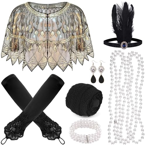 PLULON 8-teiliges Flapper-Accessoire-Set im Stil der 1920er Jahre für Damen, Great Gatsby-Kleider, Pailletten-Schal-Wickeltücher, Kleider im Stil der Roaring 20er für Partys mit Feder-Stirnband