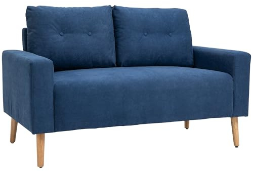 HOMCOM Sofá de 2 Plazas Sillón Moderno Tapizado en Poliéster con 2 Cojines Reposabrazos y Patas de Madera de Caucho para Dormitorio Oficina 145x76x88 cm Azul