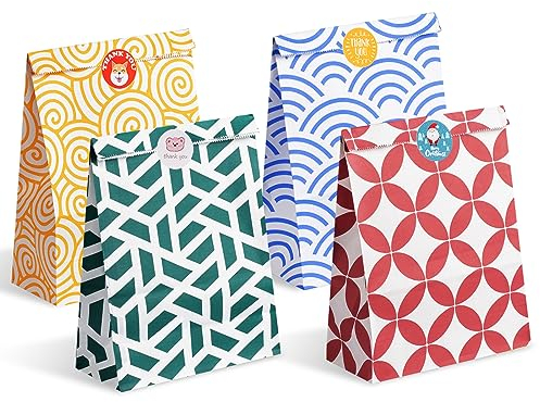 Parmedu Bunte Papiertüten für Geschenke: 48 mittelgroße Geschenktüten - 24*17*8CM mit 48 Stickern, Lebensmittelechte Mitnahme-Tüten für Weihnachten, Feste, Geburtstage, Partys, Hochzeiten, Babypartys
