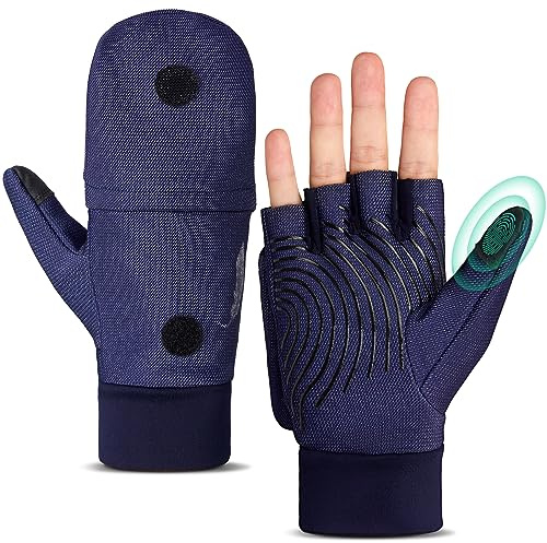 EEFOW Guantes de invierno con medio dedo con pantalla táctil: guantes térmicos para exteriores, guantes cálidos para correr, guantes sin dedos, resistentes al viento, guantes de ciclismo para