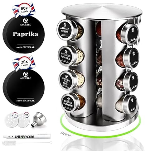 Asueilc 360° Rotating Spice Rack, Condiment Holder with 16 High Transparency Glass Spice Shaker, Seasoning Rack With 80 Labels, Spice Shelf, Convenient Tool for Adjusting Flavors at the Table