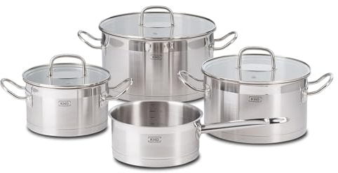 KHG Topfset 4-teilig Edelstahl Induktion Kochtopf 16 cm, 20 cm, 24 cm mit Glasdeckel, 16 cm Kasserolle Innenskala, spülmaschinengeeignet