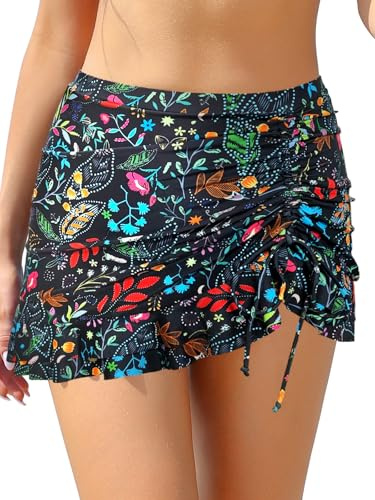 SHEKINI Traje de Baño para Mujer Elegante Ruched Bikini Falda Corta Incorporada Pantalones de Bikini Deportivo Verano Falda de Baño con Cordón de Playa