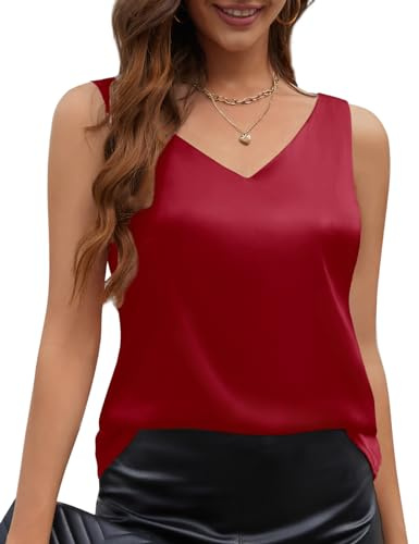 CMTOP Camiseta Sin Mangas para Mujer Camisa Tirantes Cuello en V Satén Camisetas Camisole Top Elegante Sexy Blusa Shirt Casual Cami Tank Tops(Rojo, L)