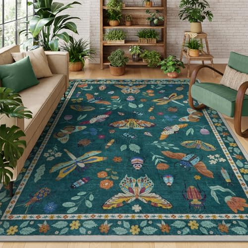 Lahome Insect Print 5x7 Area Rugs for Living Room, Soft Washable Rugs for Bedroom Ultra-Thin Non Slip Modern Rug, Throw Rug Carpet for Office Nursery Dining Room Vionnet(5'x7',Dark Green)