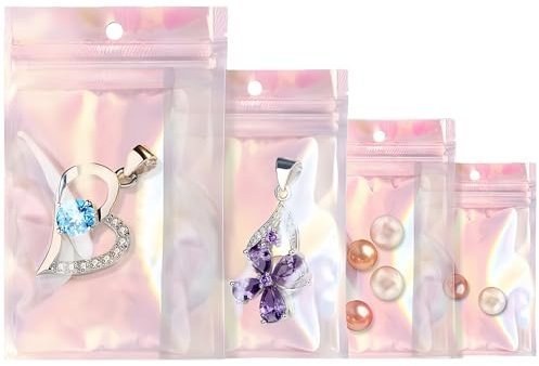 Rimiko 100 Sachets Refermable Zip Transparent, Pochons Zip Holographique, Sachets Mylar avec Trou de Suspension, Sachet Hermétique pour des Objets et Stockage des Aliments (Iridescent, 16x24 cm)