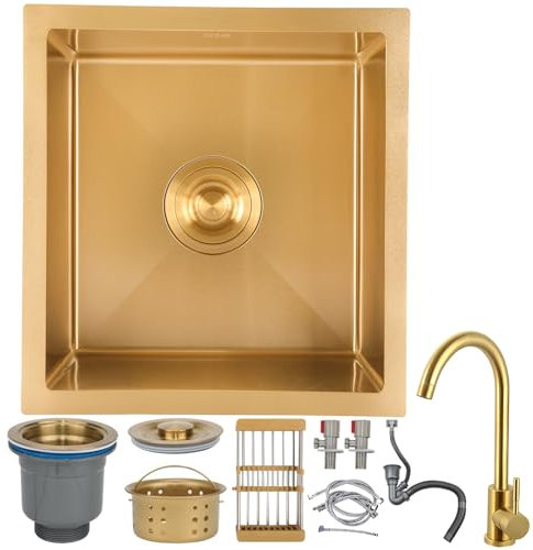 DSMRLEOP Gold Stainless Steel Kitchen Sink, Nano-Coated Single Bowl Design In Multiple Sizes, Drop-In Or Undermount Installation Bar Sink, Easy-Clean Handmade Prep Sink With Drain Kit(Gold-Faucet#01,3