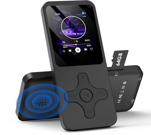 Lvcdodvd MP3 Players with Bluetooth 5.0 64GB Music Player MP3 & Digital Audio MP3 Player with Speaker HiFi Sound Voice Recorder E-Book FM Radio Rechargeable Battery Support up to 128GB TF Card (Black)