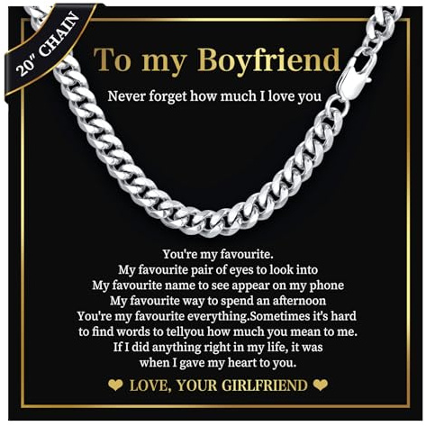 Mens Chain Necklace Gifts for Boyfriend - 8mm Cuban Chain Necklace, I Love You Gift for Boyfriend from Girlfriend, Men's Jewellery Present for Birthday Valentines Day Promise, Mens Valentines Gifts