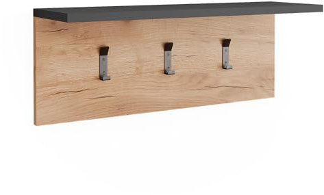 Vicco Perchero con Estante para Sombreros Orlando, Antracita/Roble Dorado, 60 x 21.6 cm, para Montaje en Pared con Tres Ganchos metálicos para Chaquetas y Bolsos